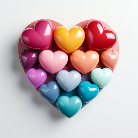 Vibrant heart-shaped candies in a variety of pastel and bright colors arranged in a heart shape on a matching dark red heart.の素材