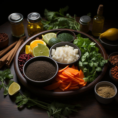 Overhead view of a wooden tray containing a vibrant assortment of fresh ingredients and spices, ready for culinary preparation.の素材