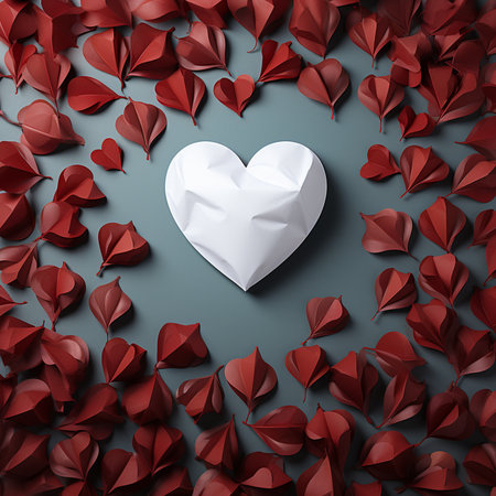 A striking arrangement featuring a central white paper heart surrounded by a cascade of red origami leaves and hearts, set against a muted background.の素材