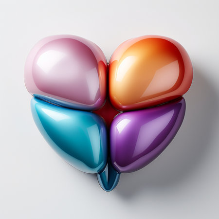 A stylized heart shape formed by four colorful, glossy metallic blobs on a white background, symbolizing love and diversity.の素材