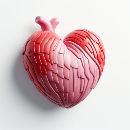 A stylized 3D heart sculpture with layered pink and red textures resembling petals, emerging from a white background.の素材