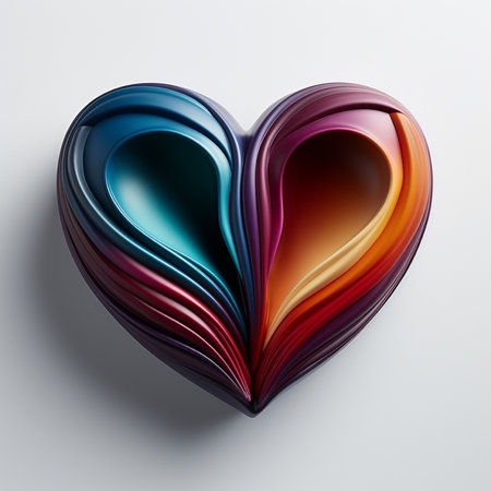 A stunning, multi-colored heart sculpture with a metallic sheen, featuring smooth, flowing layers and a striking rainbow gradient.の素材