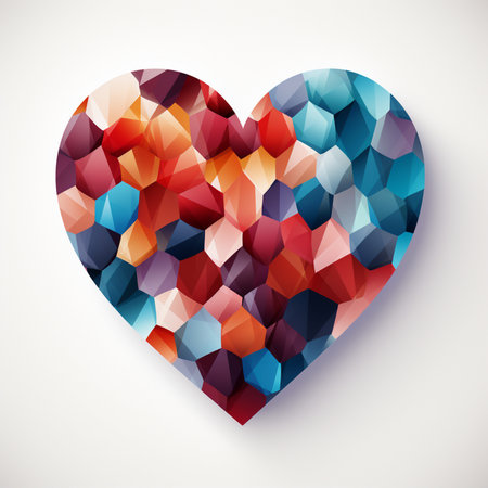 A vibrant heart shape formed by a mosaic of colorful geometric polygons, offering a modern and artistic abstract design.の素材