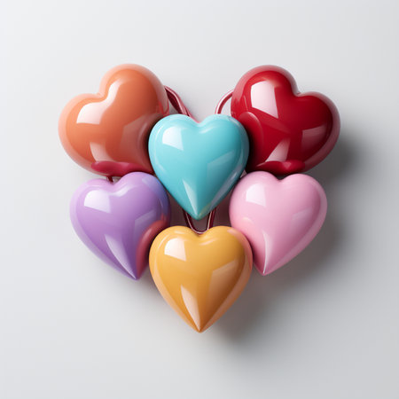 A collection of shiny, glossy heart charms in various bright colors, arranged aesthetically on a plain white surface.の素材