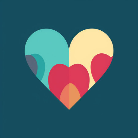 Stylized heart icon composed of colorful geometric shapes. Modern abstract design with a teal background.の素材