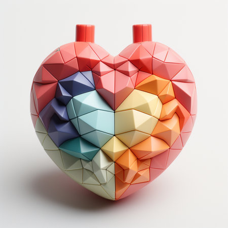 A three-dimensional heart-shaped object composed of many small geometric facets in a rainbow of colors, featuring two red cylindrical tops.の素材