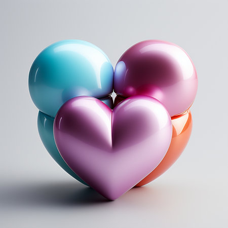 Four glossy spheres in blue, pink, and orange combine to form an abstract heart shape. Set against a light gray studio background, perfect for design.の素材