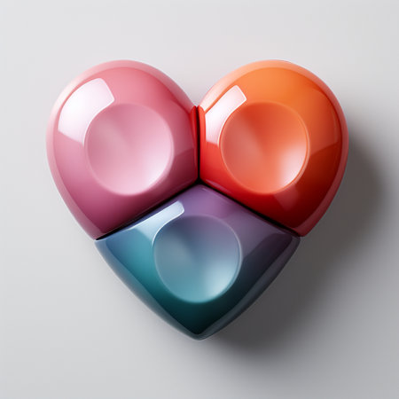 A stylized heart shape created from three interconnected, glossy spheres in vibrant pink, orange, and teal hues, set against a clean white backdrop.の素材