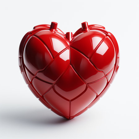 A detailed, glossy red heart shape composed of geometric segments, presented as a standalone object on a clean white background, highlighting its unique design.の素材