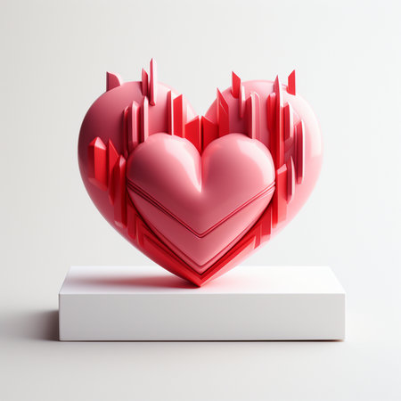 Modern abstract sculpture of a pink heart with striking red geometric accents, displayed on a clean white pedestal against a neutral background.の素材