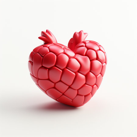 A 3D rendered abstract sculpture in the shape of a heart, featuring a textured surface of red polygons and a crown-like top.の素材