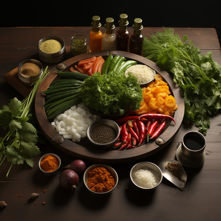 A vibrant assortment of fresh vegetables, herbs, spices, and seasonings beautifully arranged on a rustic wooden platter, ready for cooking.の素材