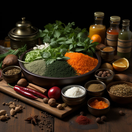 A rustic collection of colorful spices, herbs, and ingredients presented in bowls and bottles on a wooden table, evoking natural culinary richness.の素材