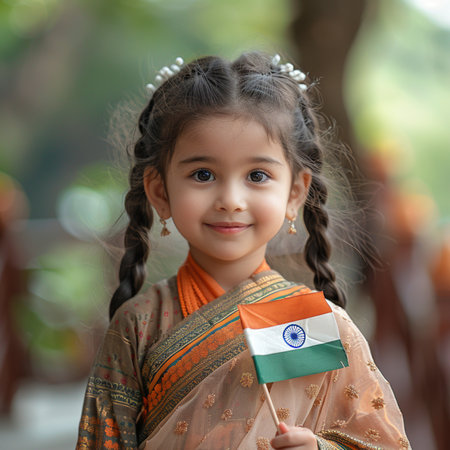 A cute young Indian girl dressed in traditional attire smiles while holding the Indian flag, symbolizing patriotism and national spirit.の素材
