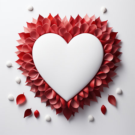 A clean white heart shape is elegantly framed by vibrant red petals, with scattered white and red decorative elements on a white background.の素材