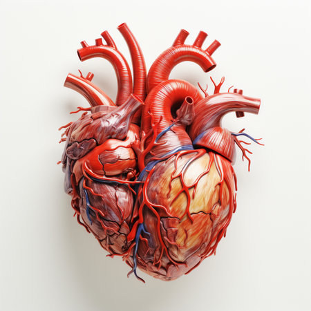 A detailed 3D rendering of a human heart, illustrating its complex vascular system with red arteries and blue veins against a clean white background.の素材