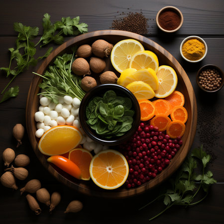 A vibrant overhead view of a wooden bowl filled with fresh fruits, vegetables, nuts, and herbs, showcasing a healthy and natural assortment.の素材