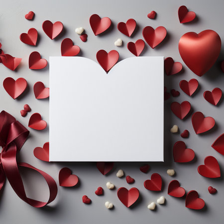 A blank white card or invitation is framed by numerous red paper hearts and a satin ribbon, set against a plain grey backdrop.の素材