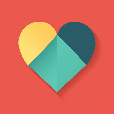 Geometric heart shape composed of colorful triangles in yellow, teal, and dark blue on a solid red background.の素材