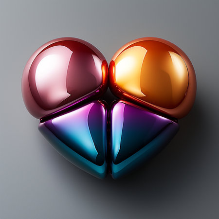 A stylized heart emblem formed by shiny metallic elements, featuring smooth curves and sharp geometric shapes with iridescent color transitions.の素材