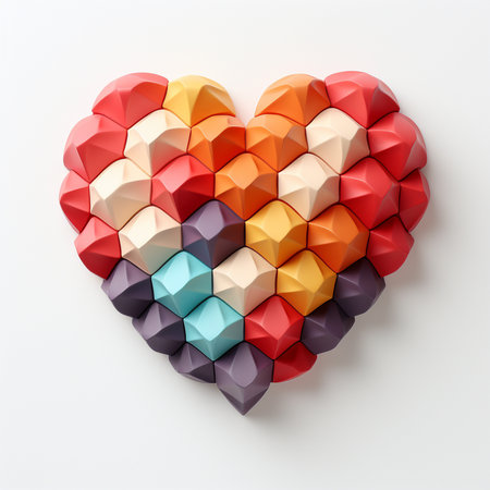 A heart-shaped mosaic made of vibrant, faceted geometric blocks in various colors, set against a clean white backdrop. Unique abstract design.の素材