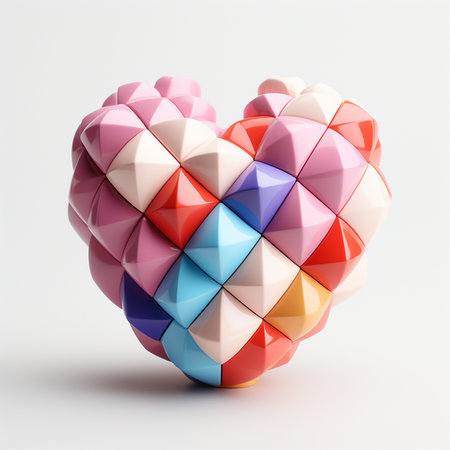 A vibrant heart-shaped sculpture made of multi-colored geometric blocks, presented on a clean white backdrop. Modern art.の素材