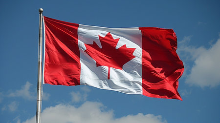 The national flag of Canada, a red maple leaf on a white square background between two red bars, waves in the wind against a bright blue sky.の素材