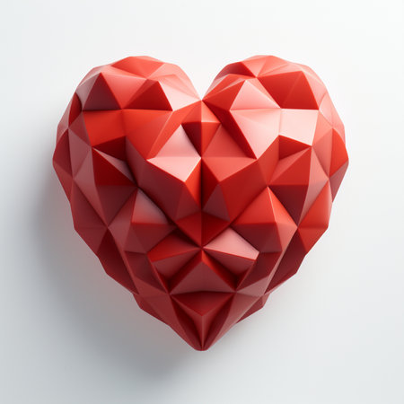 A bold, faceted red heart sculpture, representing love and design, presented on a minimalist white backdrop.の素材