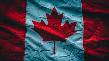 A detailed close-up view of the Canadian flag, featuring the iconic maple leaf and fabric texture, waving gently.の素材