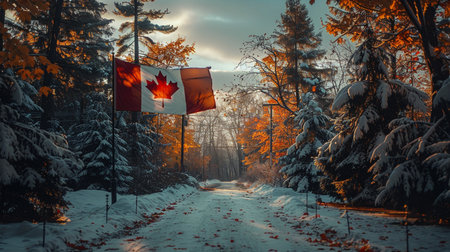 The Canadian flag flies against a backdrop of autumnal trees transitioning to winter snow. A road leads through a forest.の素材