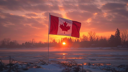 A Canadian flag stands proudly against a vibrant sunrise over a frozen river, with silhouetted trees and misty clouds.の素材