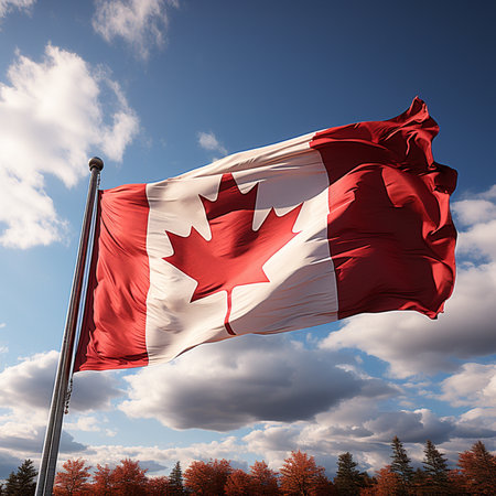 Iconic Canadian flag fluttering in the wind under a dynamic sky, symbolizing national pride and freedom.の素材