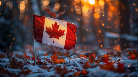 Canadian flag planted in snow among fallen autumn leaves, illuminated by warm, soft bokeh lights during sunset.の素材