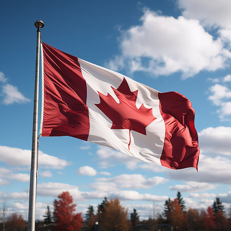 A vibrant Canadian flag flutters proudly on a flagpole against a backdrop of a bright blue sky dotted with soft white clouds. Below, autumn trees display their colorful foliage.の素材