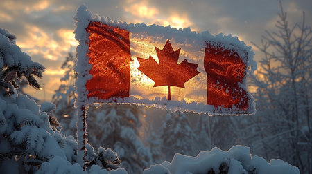 The Canadian flag, adorned with frost and snow, stands illuminated by a warm golden sunrise in a serene winter forest setting.の素材