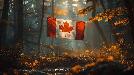 The national flag of Canada is displayed in a serene forest setting during autumn, with warm sunlight filtering through the trees.の素材
