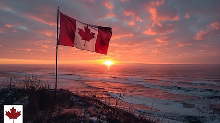 A Canadian flag waves proudly against a vibrant, colorful sunset over a serene ocean landscape with gentle waves.の素材