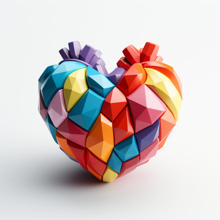 A vibrant, multi-colored heart-shaped sculpture composed of numerous small, geometric, faceted pieces, symbolizing love and unity.の素材