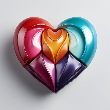 A striking 3D heart-shaped puzzle crafted from multi-colored geometric segments, showcasing a spectrum of vivid rainbow colors against a clean background.の素材