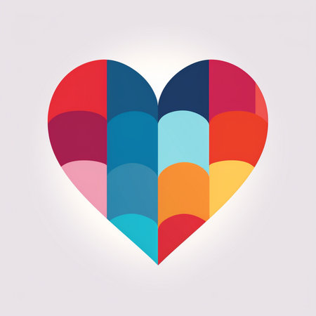 A vibrant heart illustration made of multicolored geometric shapes and rounded segments, symbolizing love, unity, and diversity.の素材