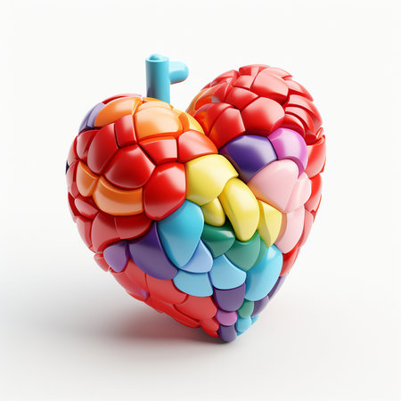 A vibrant, heart-shaped puzzle made of small, colorful pieces arranged in a rainbow pattern against a white background.の素材