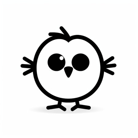 A charming, simple black and white cartoon chick bird illustration with large expressive eyes, small wings, and feet. Perfect for children's designs.の素材