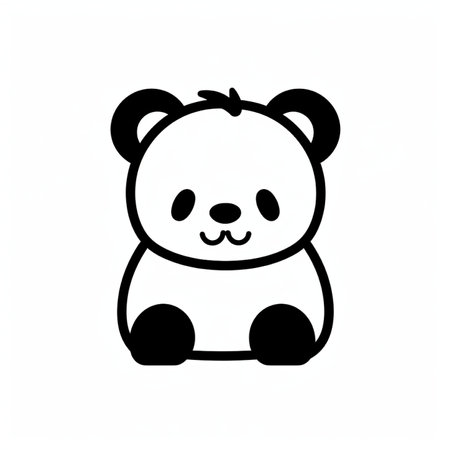 A charming, simple illustration of a panda bear cub in black and white. This minimalist design features a friendly cartoon panda sitting, perfect for various design needs.の素材