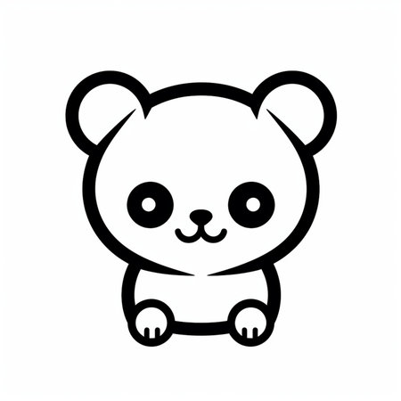 A charming, simple black and white vector illustration of a cute baby panda cub with big eyes and a sweet smile.の素材