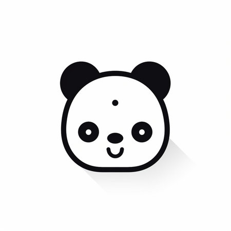 A simple and adorable panda face icon in black and white, featuring bold outlines and a playful expression, with a subtle shadow.の素材