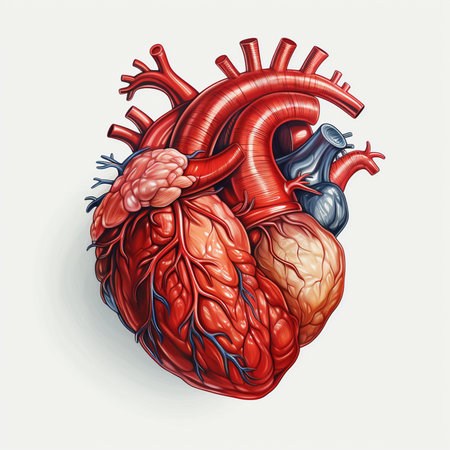 A realistic and detailed illustration of the human heart, featuring its complex structure, chambers, valves, and major arteries and veins.の素材