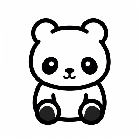 Adorable simple cartoon panda bear illustration sitting happily. This graphic features a stylized panda with big black eyes and a friendly smile on a clean white background.の素材