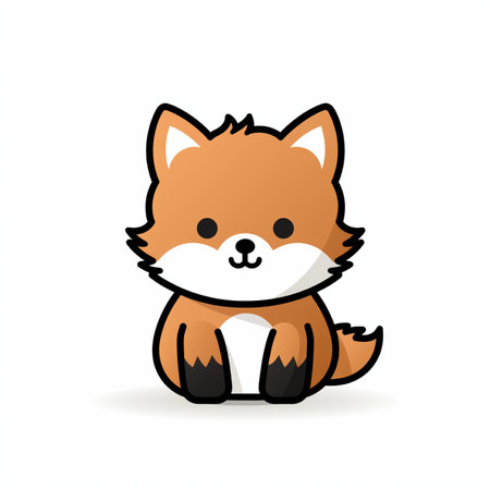 A charming, cartoon-style illustration of a small, fluffy fox cub sitting down, featuring large eyes and a playful expression. Isolated on white.の素材