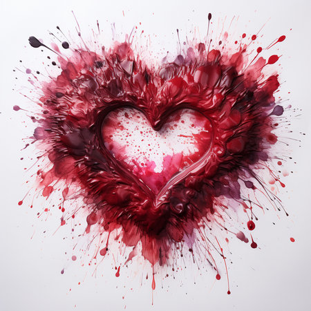 Abstract heart shape created from dynamic red and pink watercolor paint splatters and textures on a clean white surface.の素材