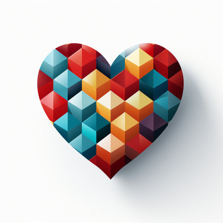 A vibrant heart shape constructed from multi-colored 3D cubes, representing abstract love and modern geometric art.の素材